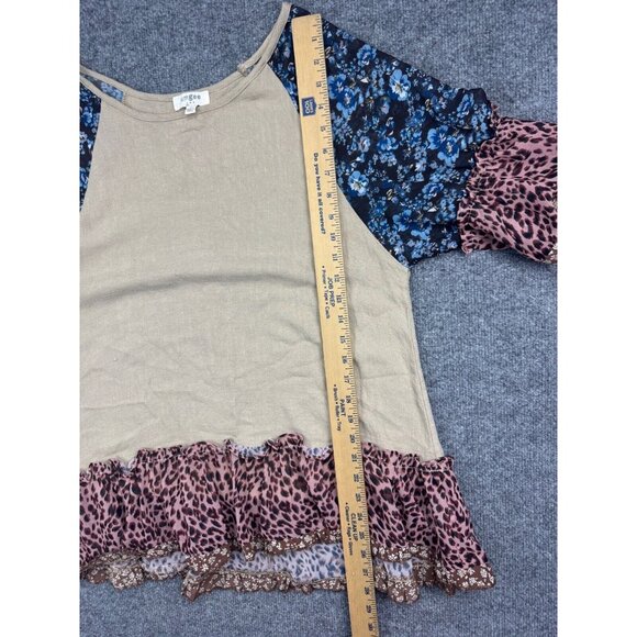 Umgee Linen Top Women's M Multi Floral Animal Print Patchwork Ruffle Bell Sleeve - Picture 4 of 6